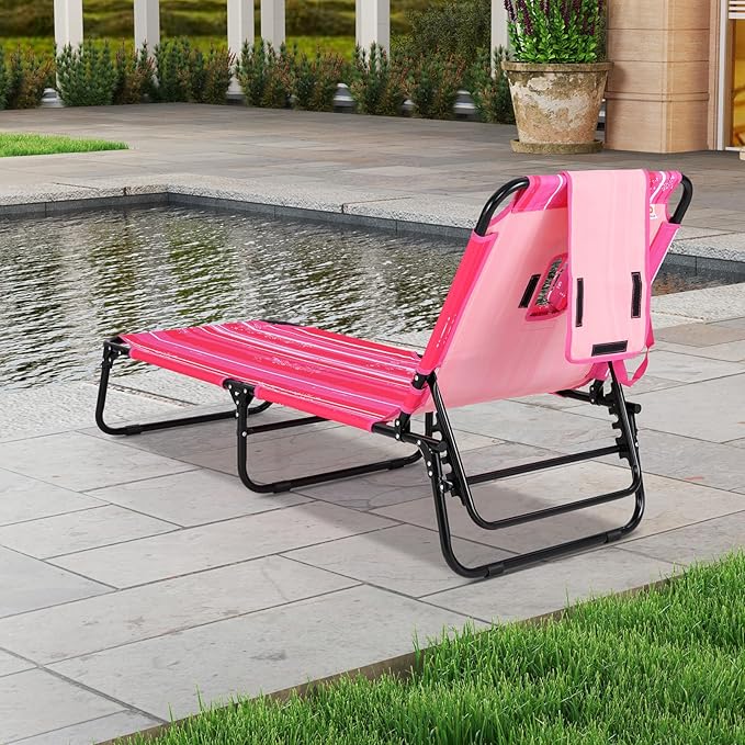 GYMAX Tanning Chair, 350lbs Beach Lounge Chair with Face Hole, Washable Pillow & Carry Strap, Adjustable Folding Chaise Lounge, Layout Lounger for Outside, Patio, Poolside, Lawn (2, Pink Stripe)