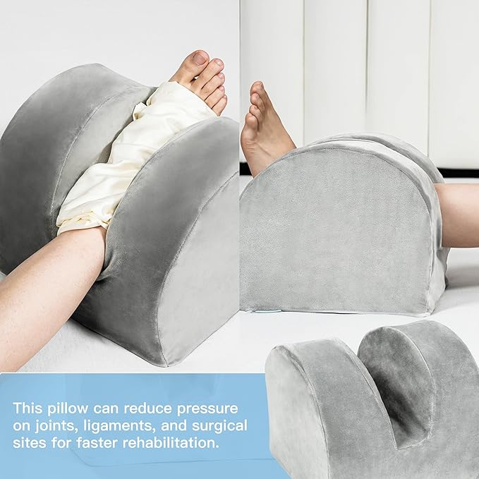 SCFOAMZAI Knee Replacement Pillow for Recovery - Leg Elevation Pillow with Firm Foam for Post-Surgery Sleeping, Hip & Ankle Pain Relief & Swelling Reduction, Includes Washable Velvet Cover (Grey)