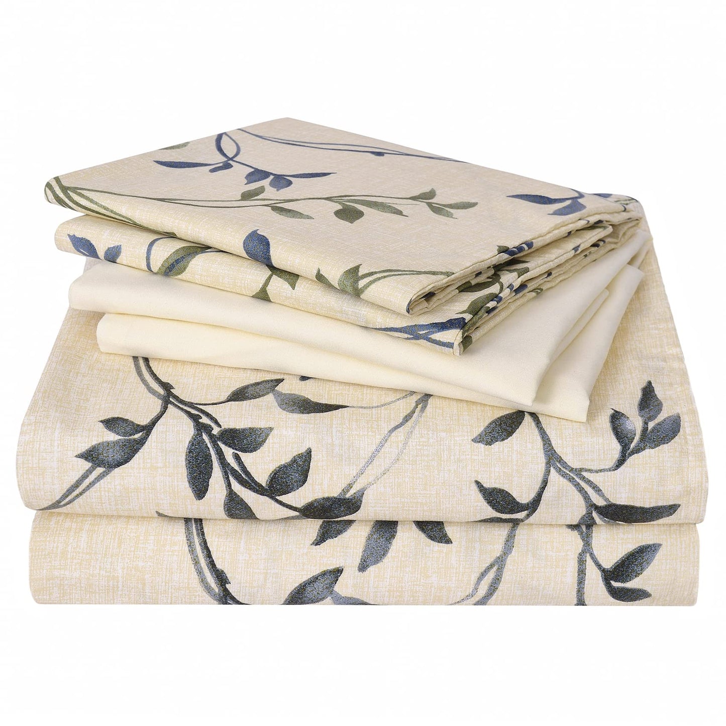 JSD 6 Piece Beige Leaves Printed Sheet Set Queen Size, Soft Botanical Microfiber Sheets Extra Deep Pocket
