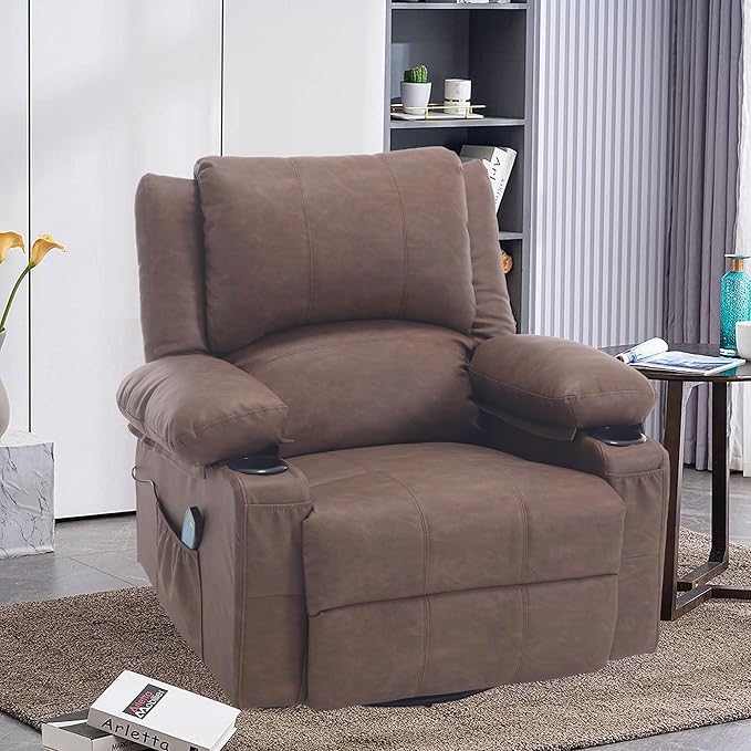 Comermax Massage Swivel Recliner with Heat, PU Leather Rocking Recliners Chair for Living Room, Modern Manual Recliner with Cup Holders, Overstuffed Single Sofa Chairs for Bedroom, Brown