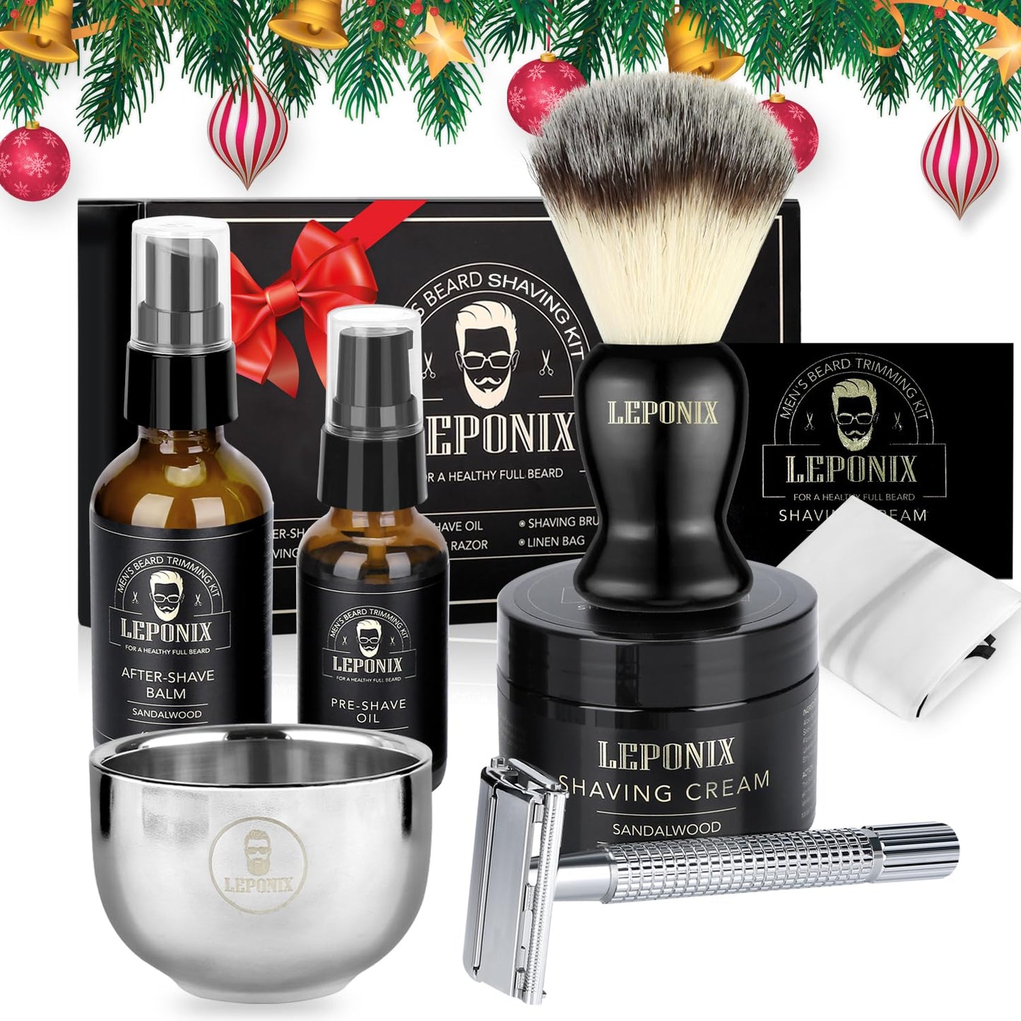 Shaving Kit for Men, Include Safety Razor, Sandalwood Cream, Aftershave, Pre Shave Oil, Shaving Brush and Bowl, Shaving Apron Bib -Unique Gifts for Him Stocking Stuffers