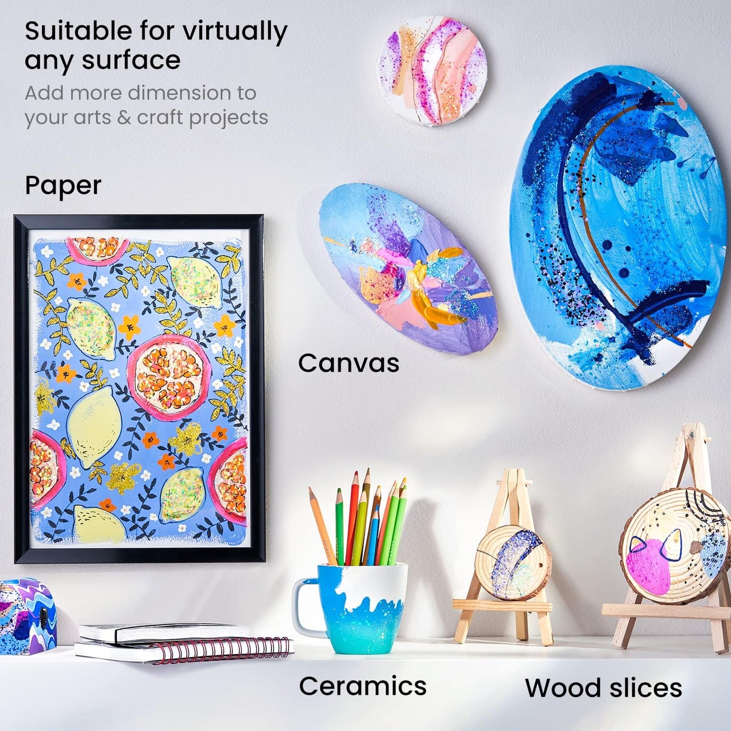 ARTEZA Glitter Acrylic Paint, 14 Iridescent Colors, 2 fl oz Bottles, Transparent Base, Iridescent Paint with Chunky Glitter, Art Supplies for Adding Accents to Canvas, Paper, Wood, and Glass