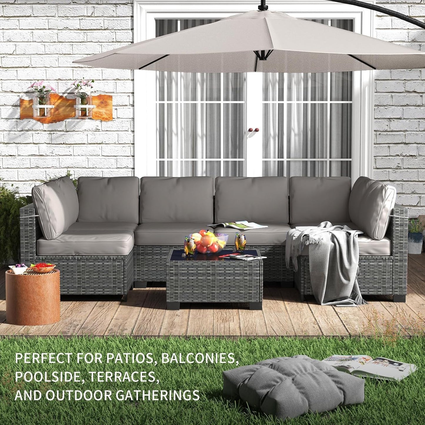 Patio Furniture Set, 7 Pieces Outdoor Sectional Sofa Set with Dining Table & Thickened Cushions, All-Weather PE Wicker Patio Furniture for Garden Lawn Deck, Grey & Blue