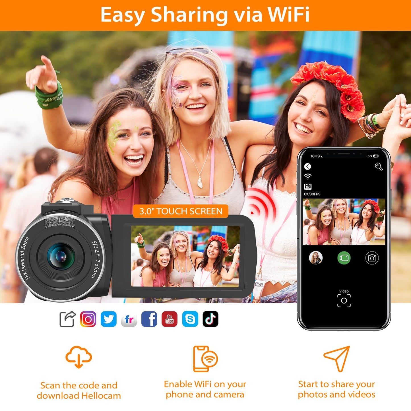 Muraux 6K Video Camera Camcorder Vloging Camera For Youtube 18X Digital Zoom 3.0 Touch Screen Wifi Camera With Microphone, 2.4G