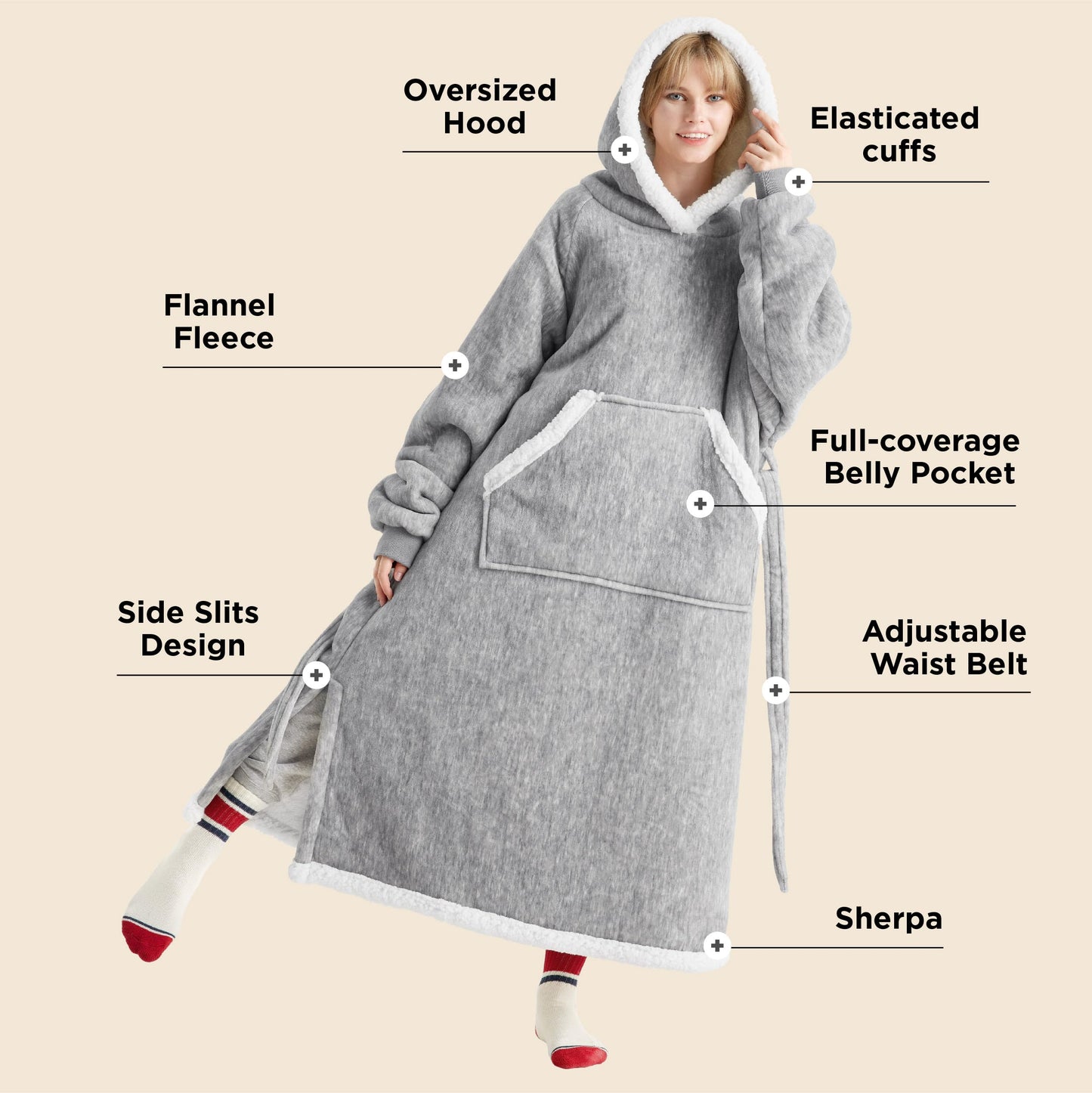 Bedsure Wearable Blanket Hoodie, Long Hooded Blanket Sweatshirt as Fathers Day Birthday Gifts for Dad, Cozy Sherpa Hoodie for Adult, Oversize, Concrete Grey