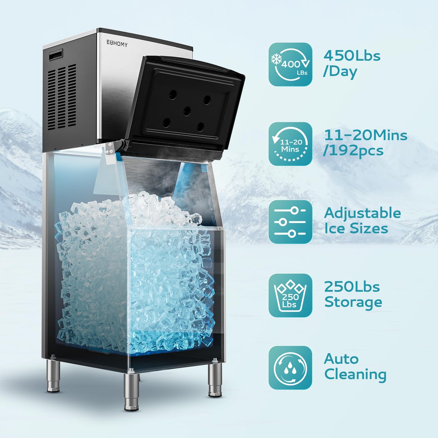 EUHOMY Commercial Ice Maker Machine, 450 lbs/24H Industrial Ice Machine with 250 lbs Storage Bin, ETL Approved Stainless Steel Clear Ice Maker for Bar, Cafe & Restaurant