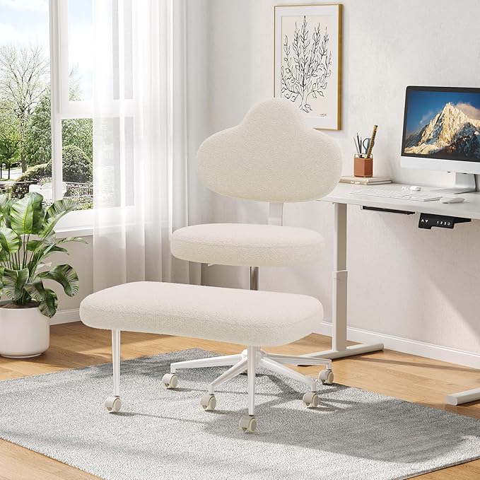 Cross Legged Office Chair with Wheels for ADHD, Ergonomic 360° Swivel Height-Adjustable Meditation Chair for Yoga, Kneeling Chair with 4 inch seat Cushion and Lumbar Support, Teddy Fabric, Off White
