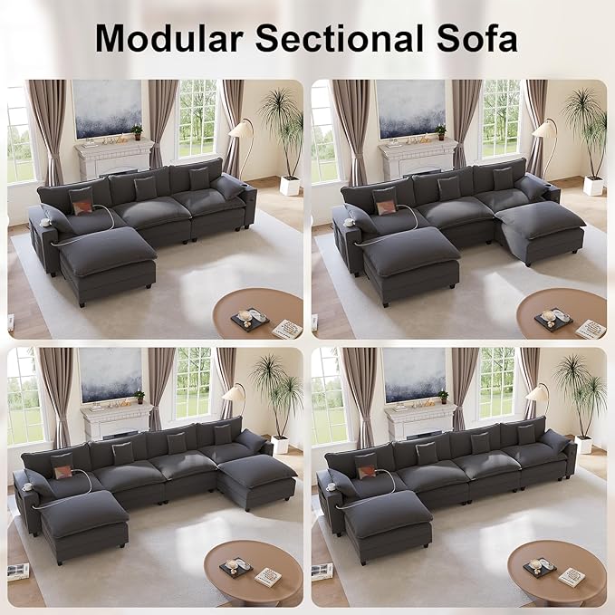 KCGKCG 152" Modular Sectional Sofa, U Shaped Cloud Couch with Movable Ottoman, Chenille Deep Seat Cloud Sofa with Charging Station, Cup Holder, Side Pocket, Sectional Couches for Living Room, Grey