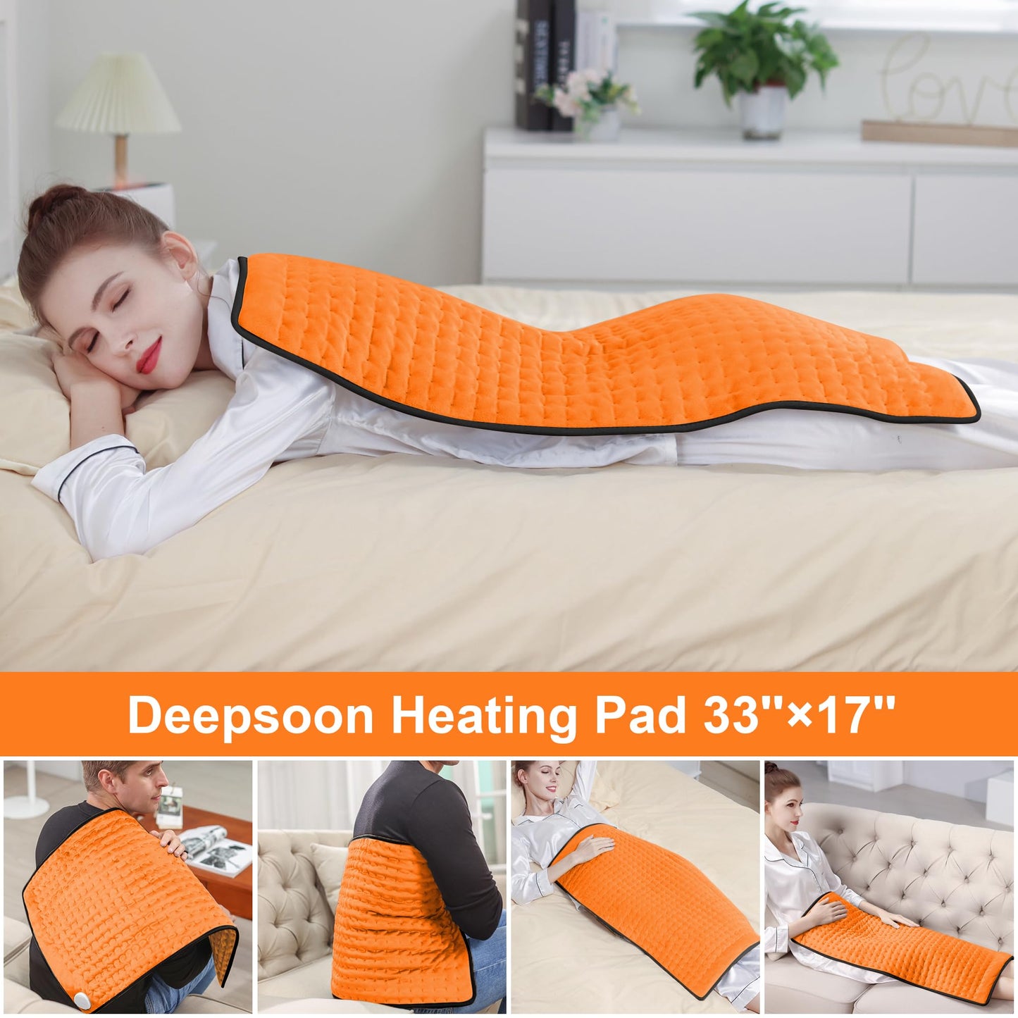 Deepsoon Heating Pad,Electric Heating Pads for Back,Neck,Abdomen,Moist Heating Pad for Shoulder,Knee,Arms,Legs,Dry/Moist Heat & Auto Shut Off,Christmas Gifts for Men and Women,Orange Black,33x17 Inch