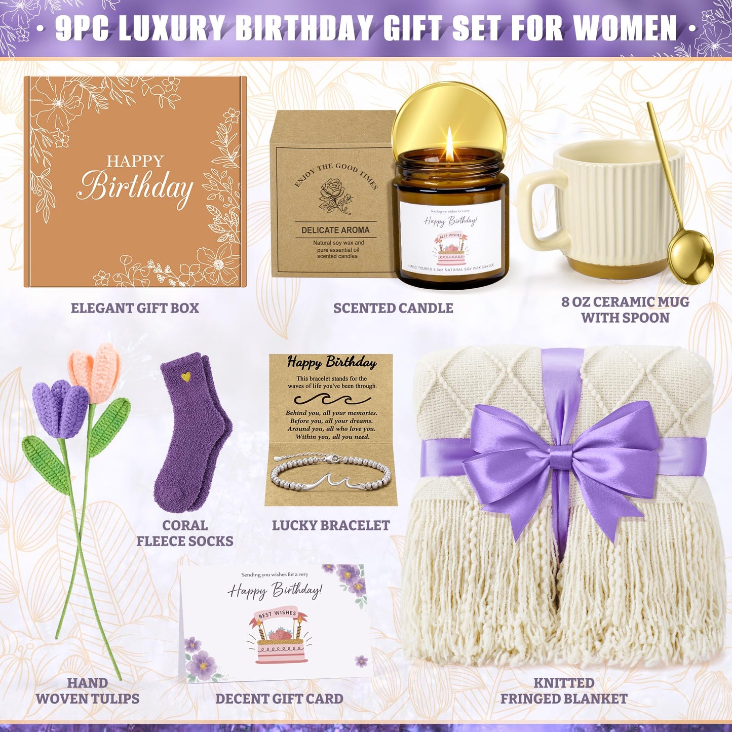 Birthday Gifts for Women, Unique Happy Birthday Gift Basket, Self Care Gift Care Package, Women Gifts for Birthday Box for Her Mom Grandma Sister Best Friend Wife Girlfriend Coworker