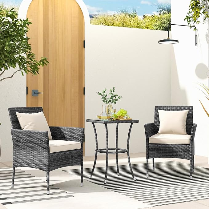 KOTEK 3 Pieces Patio Furniture Set, PE Rattan Outdoor Conversation Set with Tempered Glass Table & Soft Cushions, Wicker Bistro Set for Garden, Porch, Balcony (Off White)