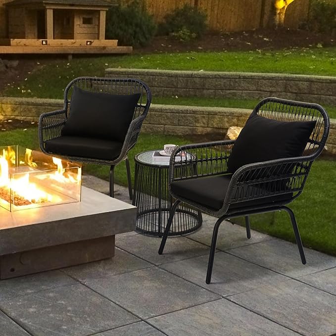wildformers 3 Pieces Rattan Wicker Bistro Set, Outdoor Conversation Set, Wicker Furniture Set with Glass Top Table, Space Saving for Balcony, Backyard, Black