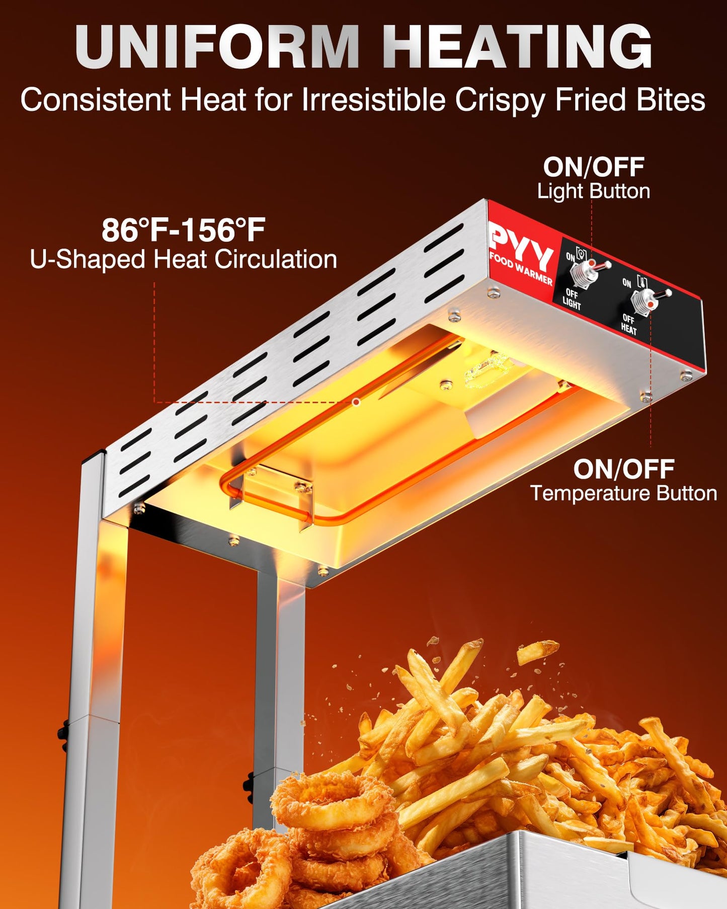 PYY French Fry Warmer - 500W Commercial Food Heat Lamp Fry Dump Station Chip Warmer Food Warmer Adjustable Height 15.4"-18.5" Temp 86°F-156°F Countertop Freestanding Food Truck Restaurant Buffet