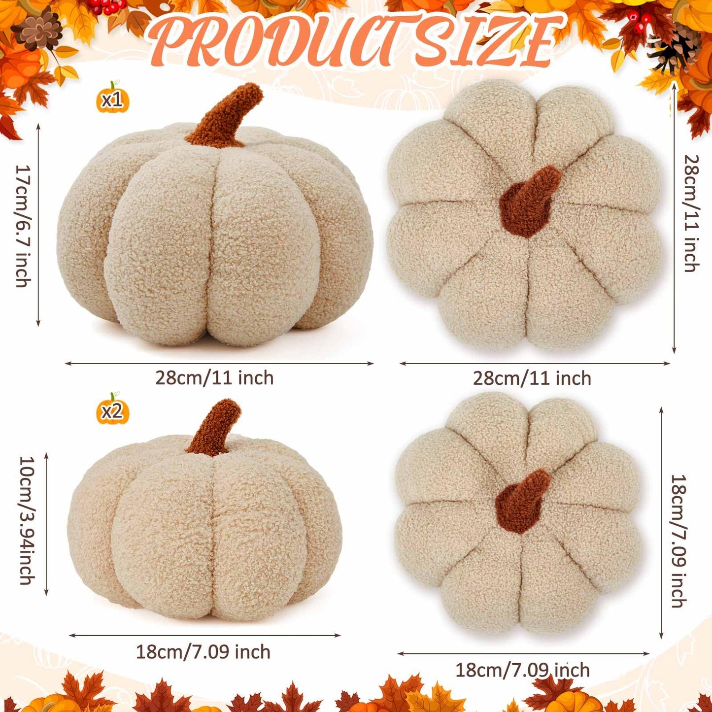 Juexica 3 Pcs Stuffed Pumpkin Pillow Fluffy Plush 3D Pumpkin Shaped Decoration Fall Thanksgiving Halloween Pillow Cushion Cute Soft Throw for Sofa Couch Supplies (Beige)