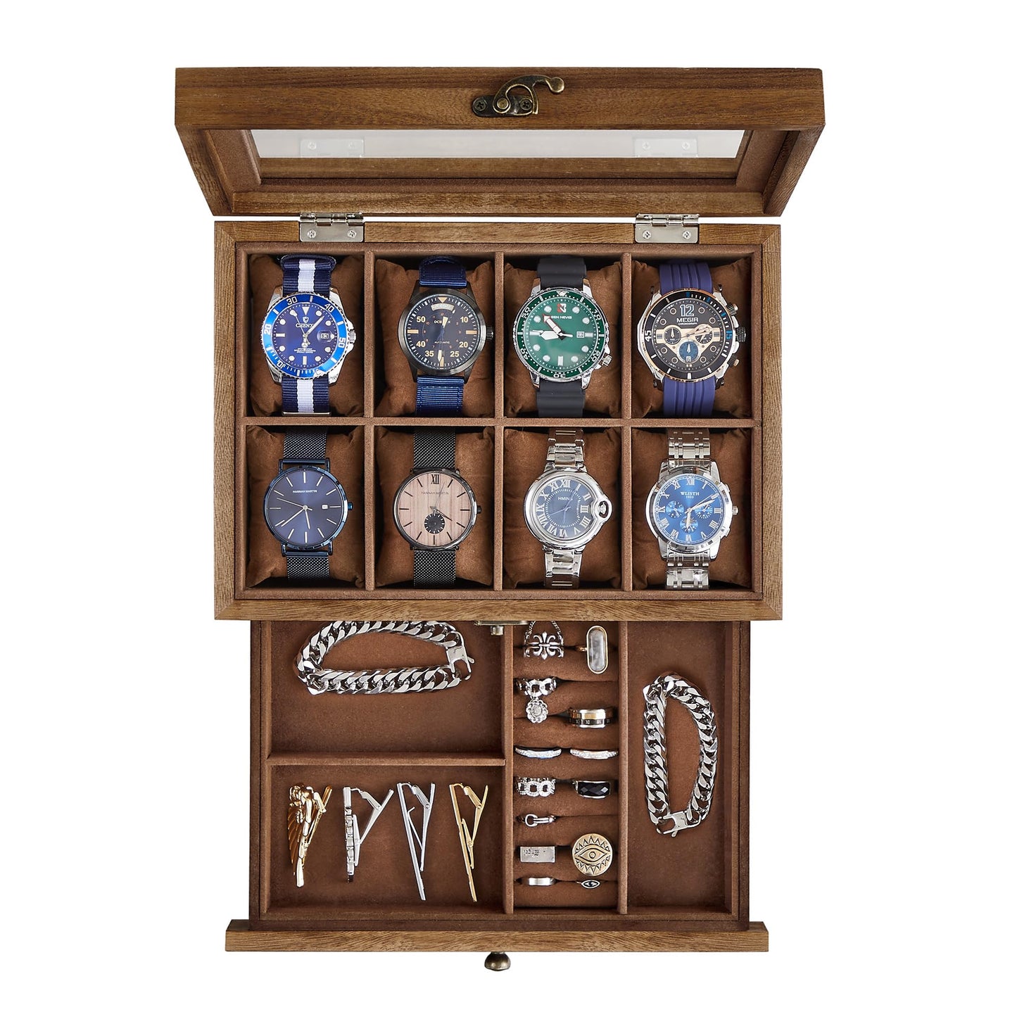 SONGMICS 8-Slot Watch Box, 2-Tier Watch Display Case with Large Glass Lid, Removable Watch Pillows, Velvet Lining, Jewelry Box, Gift Idea, Rustic Walnut UJOW008K01