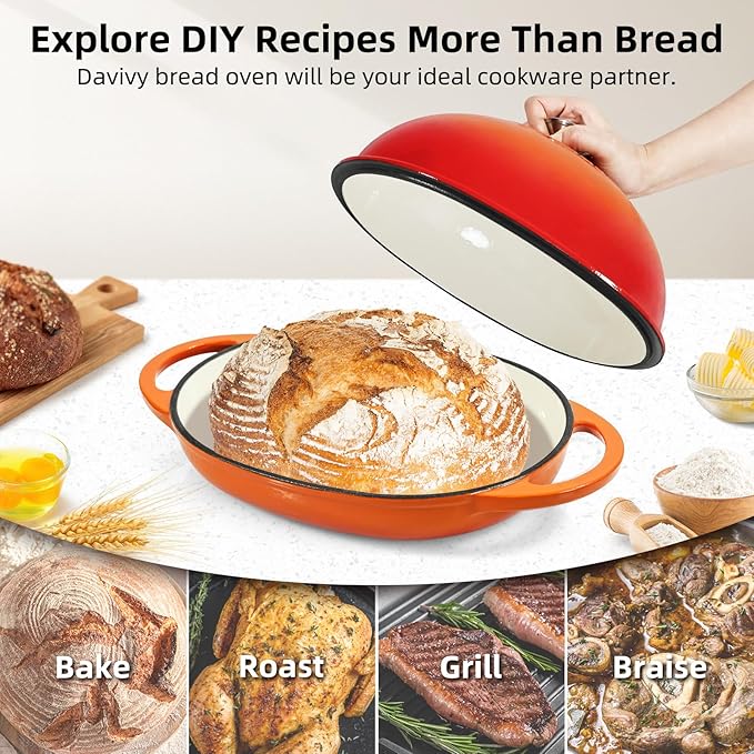 Davivy 6QT Oval Bread Oven with Domed Lid, Enameled Oval Dutch Oven Pot for Sourdough Bread Baking 6QT, Non-stick Cast Iron Sourdough Pan Bread Cloche with Lid - Flame Orange