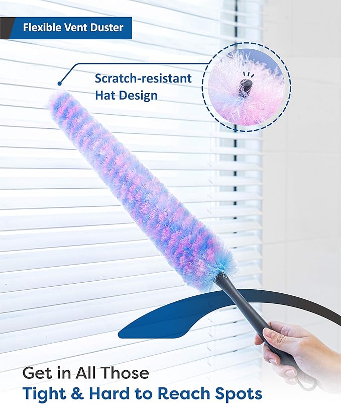 Feather Duster Kit with 5.6ft Extension Pole, 4 Dusting Brush for Cleaning Home Wall Ceiling Fan Cobweb, Microfiber Static Washable Dusters, Pink Violet