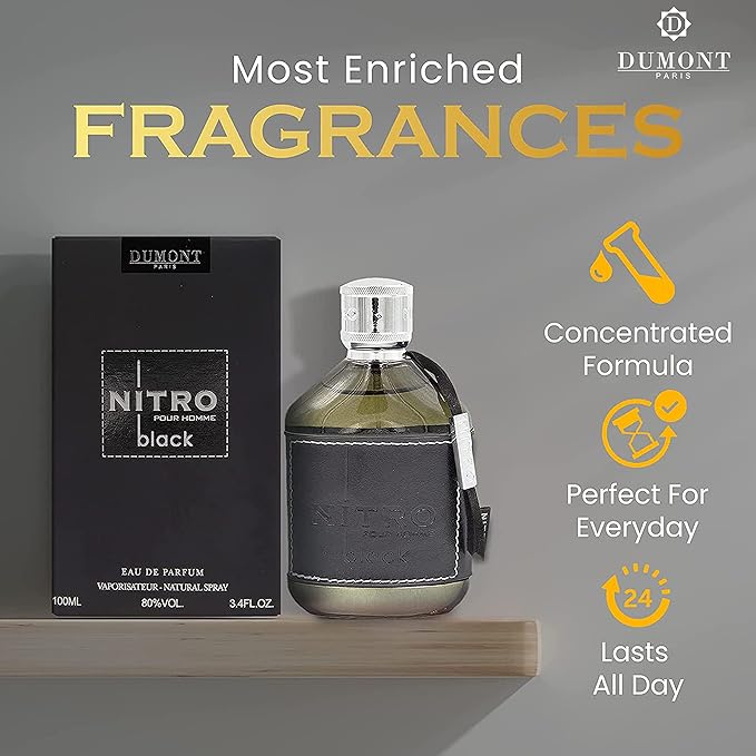 Dumont Nitro Black Eau De Parfum - Mysterious Fruit & Woody Scent - 3.4 Fl Oz