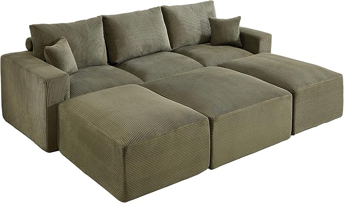 113" Modular Sectional Sofa, Compression Sofa with Deep Seat, Convertible Sofa Bed Couch with Ottoman, Upholstered Couches for Living Room Bedroom,No Assembly Required (Green Corduroy, 113" Sofa Bed)