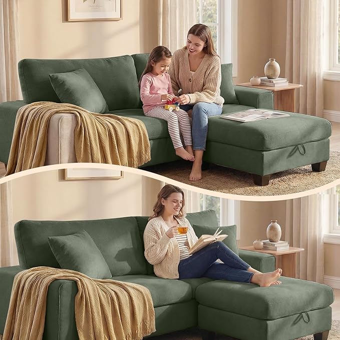 DOPEDIO L-Shaped Sectional Sofa with Storage Ottoman, Modern Chenille Recliner Loveseat, Removable Couch Covers, Pocket Spring Cushions, Solid Wood Frame, Easy to Install (88.58inch, Green)