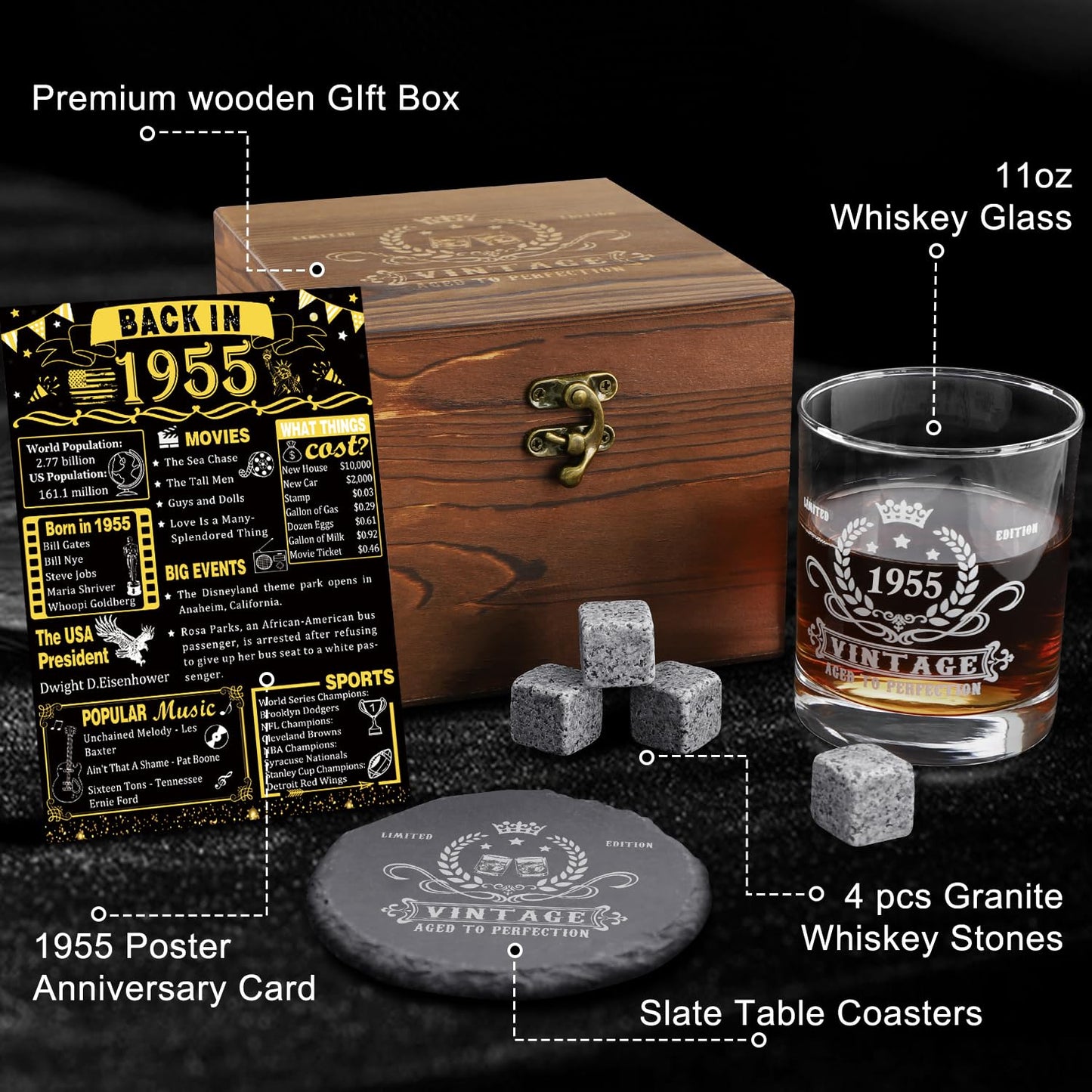 YeohJoy 70th Birthday Gifts for Men,Vintage 1955 Whiskey Glass Set,Wood Box & Whiskey Stones & 1955 Poster Anniversary Card & Coaster,Birthday Gifts Ideas for Him,Husband,Dad