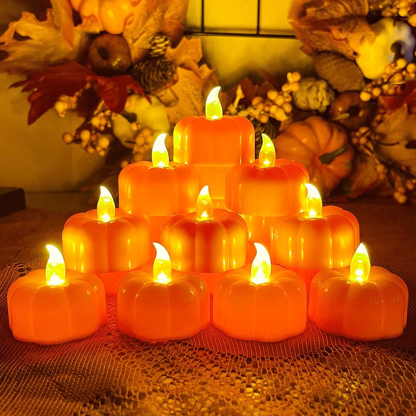 TURNMEON 12 Pack Pumpkin Tea Lights Fall Decorations, LED Orange Pumpkin Lights Flame Less Candles Battery Operated Halloween Pumpkins Flickering Candles for Thanksgiving Table Decor Home Indoor Party