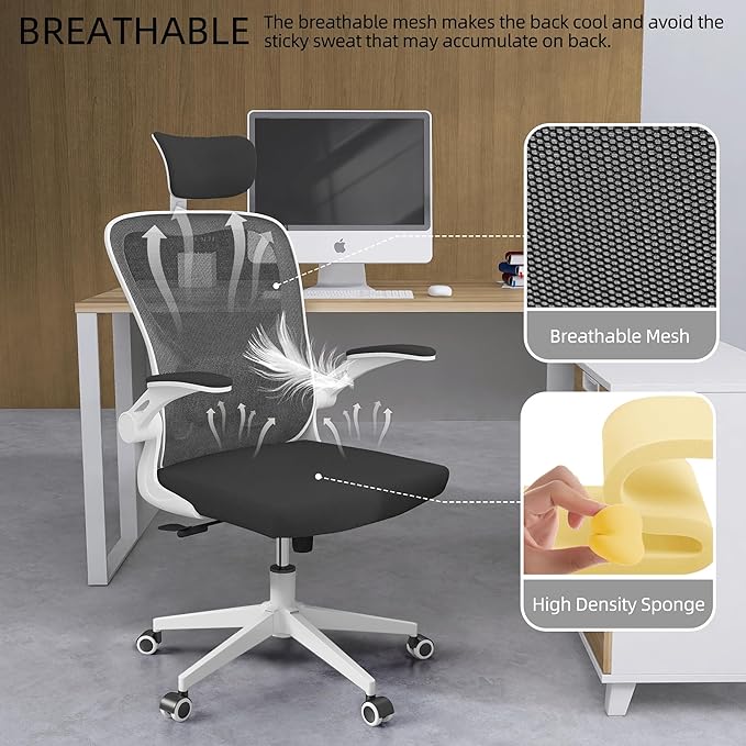Office Chair Ergonomic Desk Chair, 350 LBS Mesh Office Chair with Lumbar Support, Comfy Desk Chair with Wheels, Big and Tall Chair for Study Work Gaming (03white-Black)