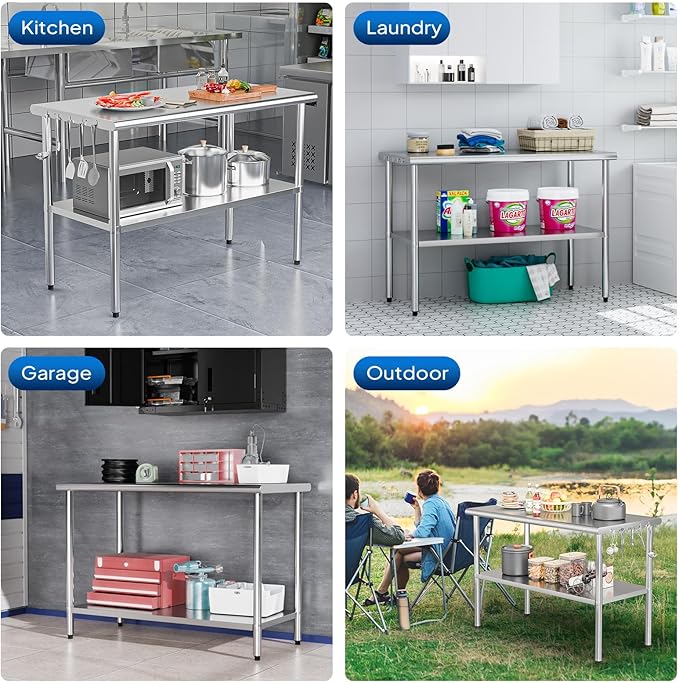ROVSUN 48'' x 24'' Stainless Steel Table for Prep & Work,Commercial Worktables & Workstations, NSF Heavy Duty Metal Table with Adjustable UnderShelf for Kitchen, Restaurant, Home, Hotel, Outdoor