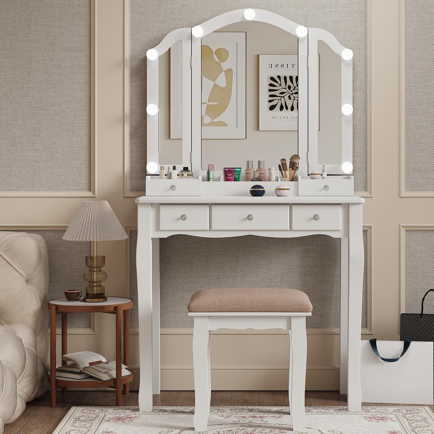 Phonrida Makeup Vanity with Lights White Vanity Desk with Mirror and Lights Vanity Table with Lighting Vanity with Mirror with Lights and Drawers Vanity Mirror with Light Desk