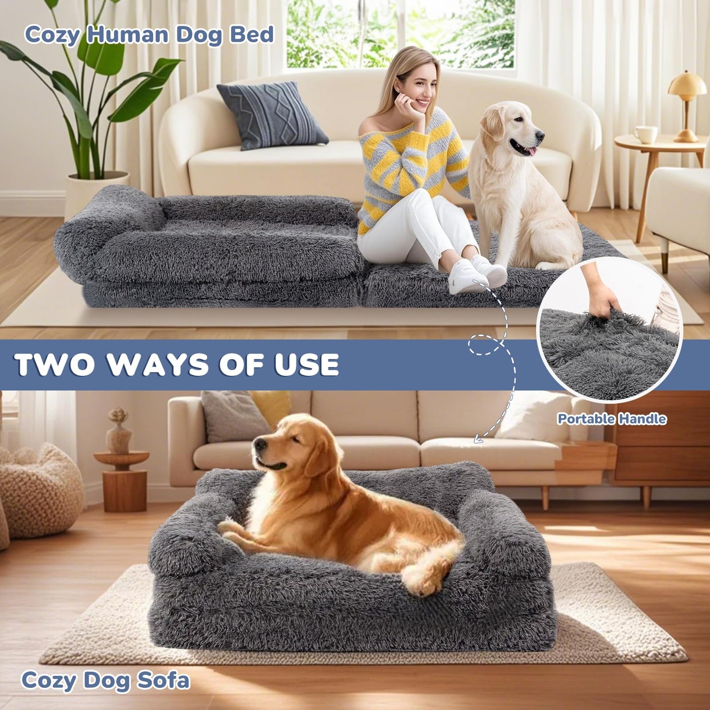 OtterOasis 72" Foldable Human Dog Bed for Adults, Fluffy Faux Fur with Blanket, Orthopedic Washable Dog Bed with Memory Foam and Water Repellent Liner Extra Large Thick for Pet