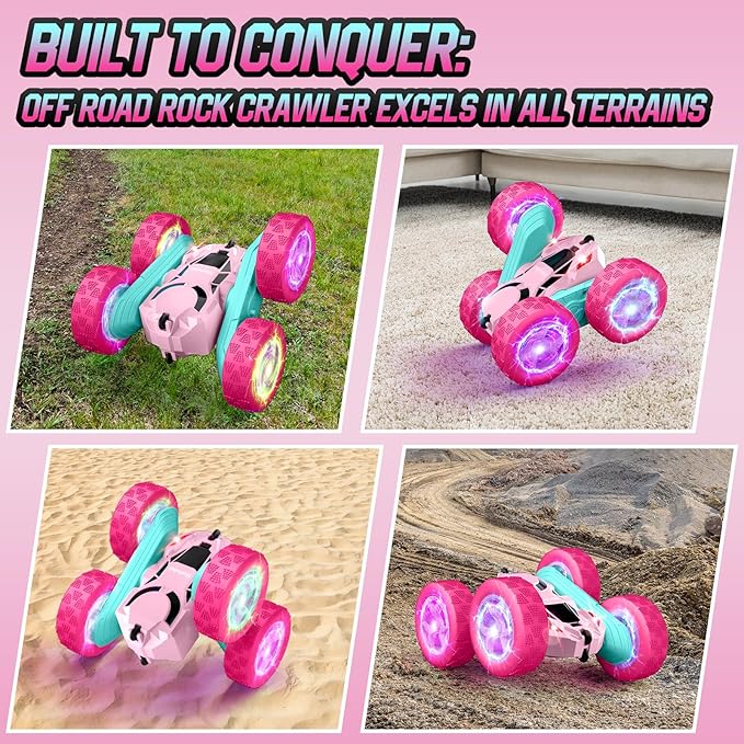 Pink Remote Control Car for Girls, Double Sided with Shining Headlights & Wheel Lights, Girl Princess Toys, Rechargeable Toy Car for 6-7 6-8 9 10-12 Year Old Girls Birthday