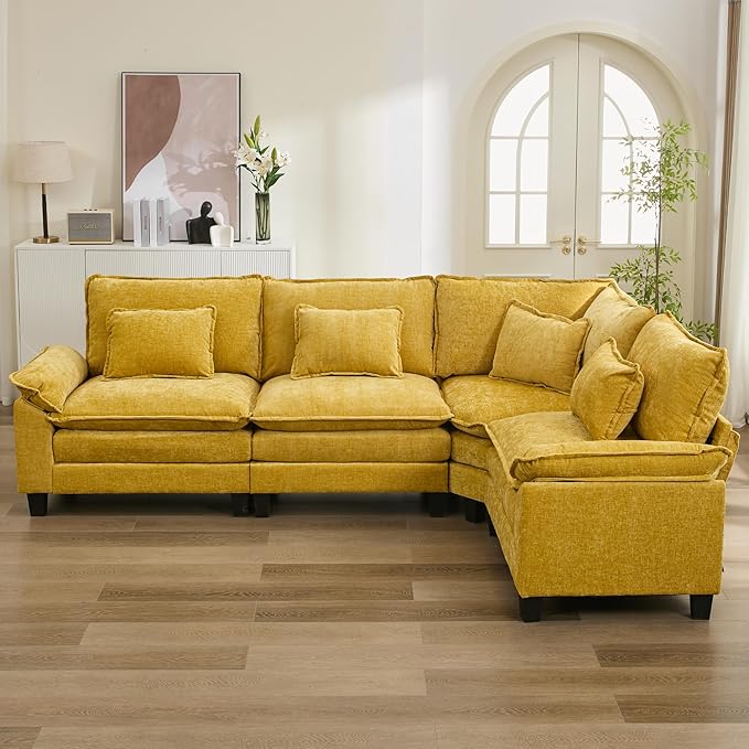 URRED Cloud Couch Modular Sectional Sofa, 116" Modern L Shaped Deep Seat Sofa with Pillows, Ultra Comfy Chenille Corner Couches for Living Room, Bedroom or Apartment, Yellow