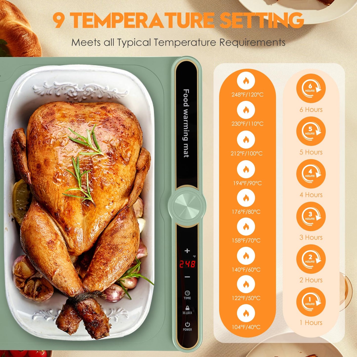 Silicone Warming Mat for Food, Fast Full Surface Heating Electric Warming Tray, 9 Level Temperature Adjustable Warming Kitchen Mat, Roll Up Food Warmer Mat for Countertop, Party, Travel