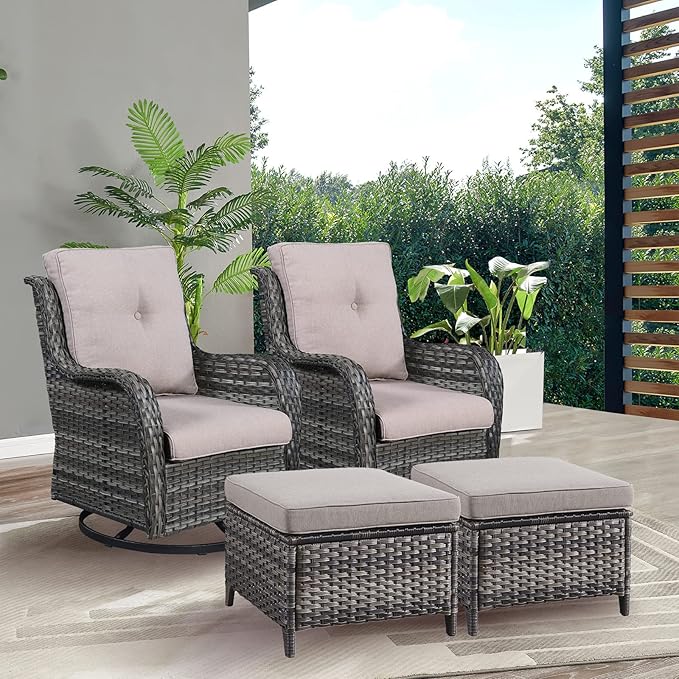 Rilyson Wicker Patio Furniture Set - 4 Piece Rattan Outdoor Sectional Conversation Sets with 2 Swivel Rocking Chairs,2 Ottomans for Porch Deck Garden(Mixed Grey/Grey)