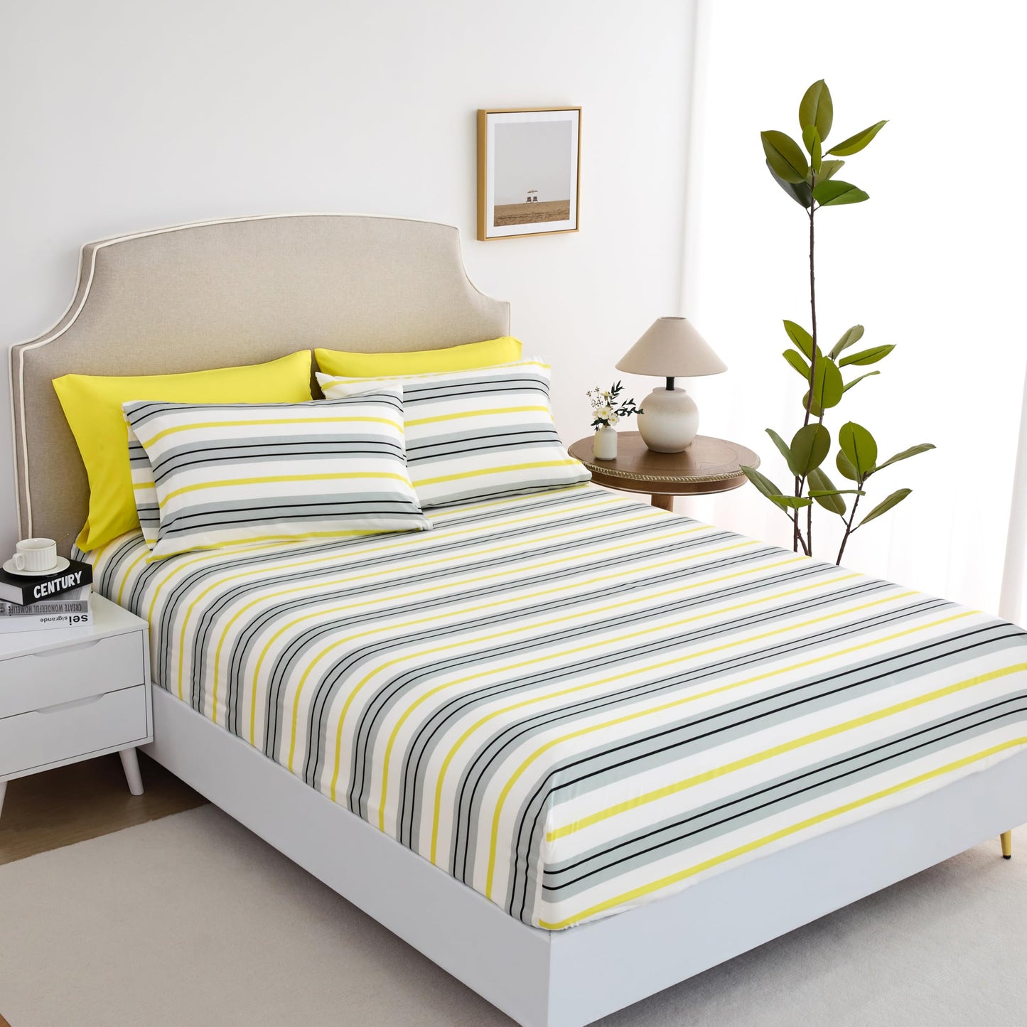 Twin Size Bed Sheets Set Deep Pockets - 6PC Striped Ultra Soft Microfiber Bed Sheets - Easy to Clean, 90 Thread Count Sheets with Fitted Sheet, Flat Sheet & Pillowcases (Grey/Yellow)