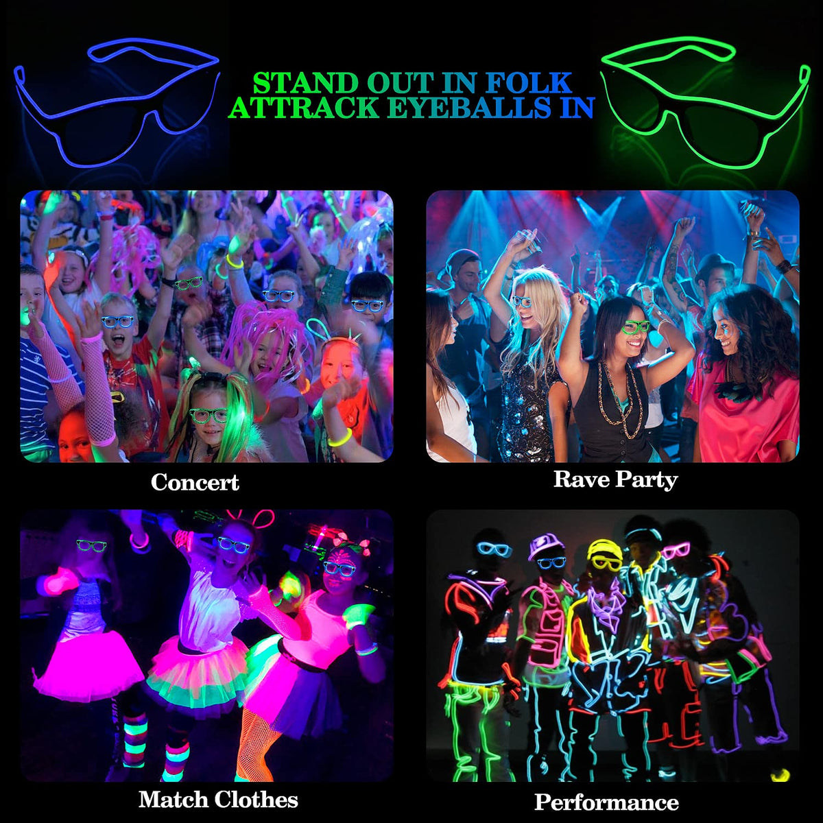 YouRfocus Wired LED Light up Glasses 3 Pack Glow in the Dark Neon Rave Glasses for Rave Party, EDM, Halloween, Christmas, Operated with Battery Power (Blue + Green + Pink)