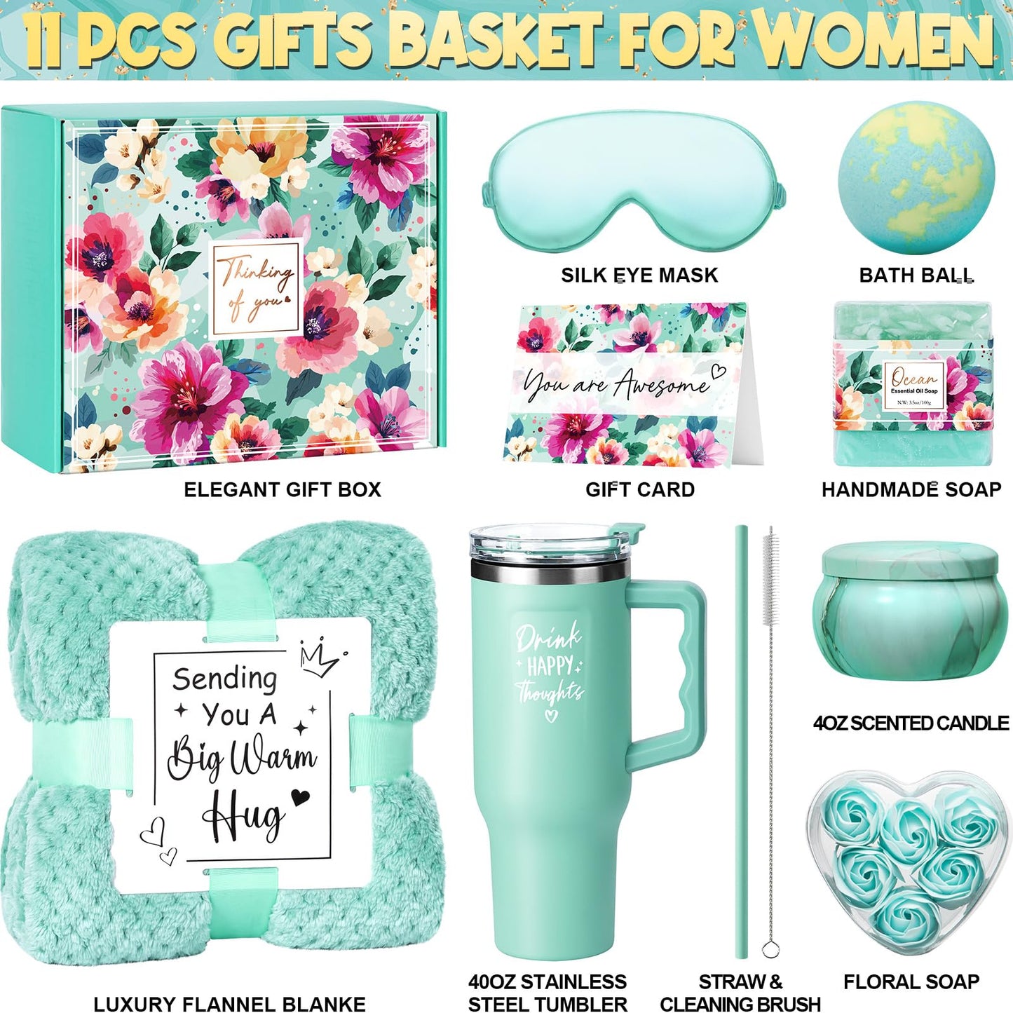 Birthday Gifts for Women Self Care Gifts Get Well Soon Gifts, Ocean Relaxing Spa Gifts Basket Care Package w/ Luxury Flannel Blanket 40 oz Tumbler, Mothers Day Gifts for Mom Wife Her Girlfriend Sister