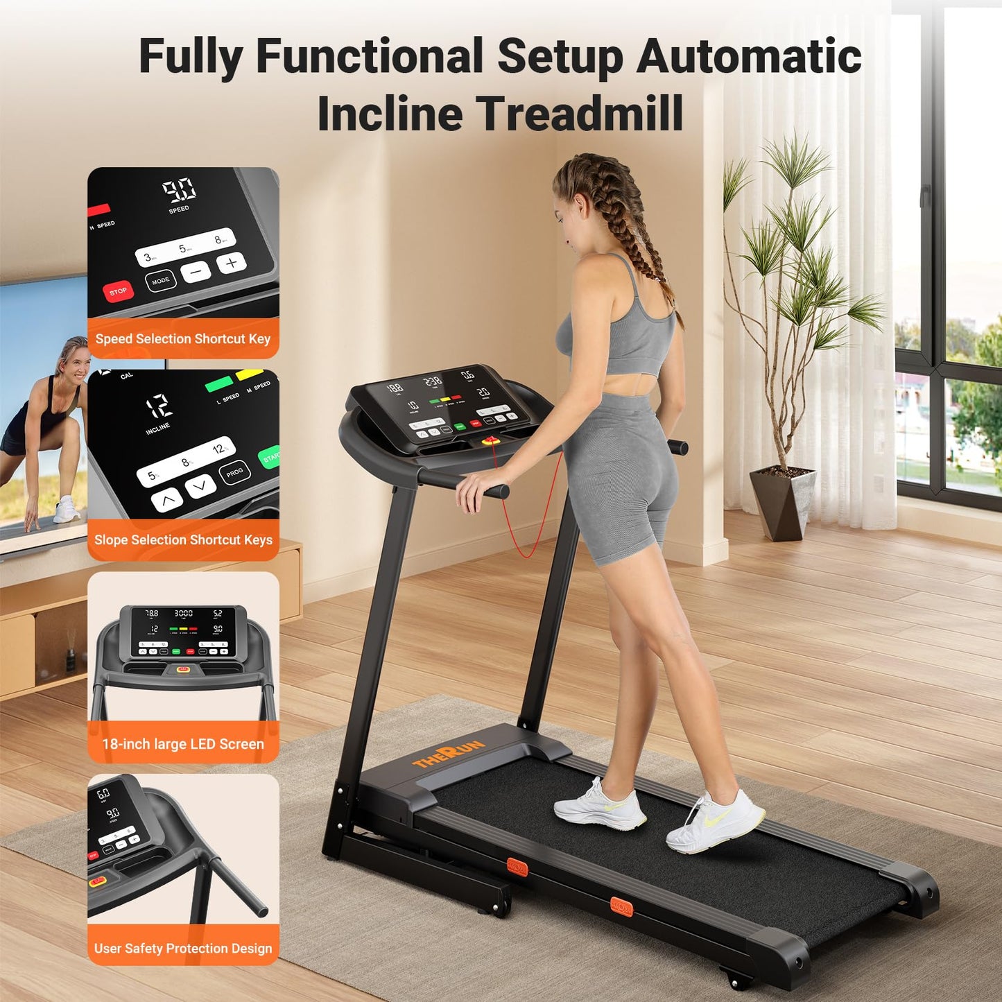 THERUN Incline Treadmill, 0-12% Auto Incline Treadmill for Running and Walking, 300 lbs Weight Capacity, Wide Belt,3.0HP,18" LED Screen, 2 Layers Shock-Absorbing, Orange Black