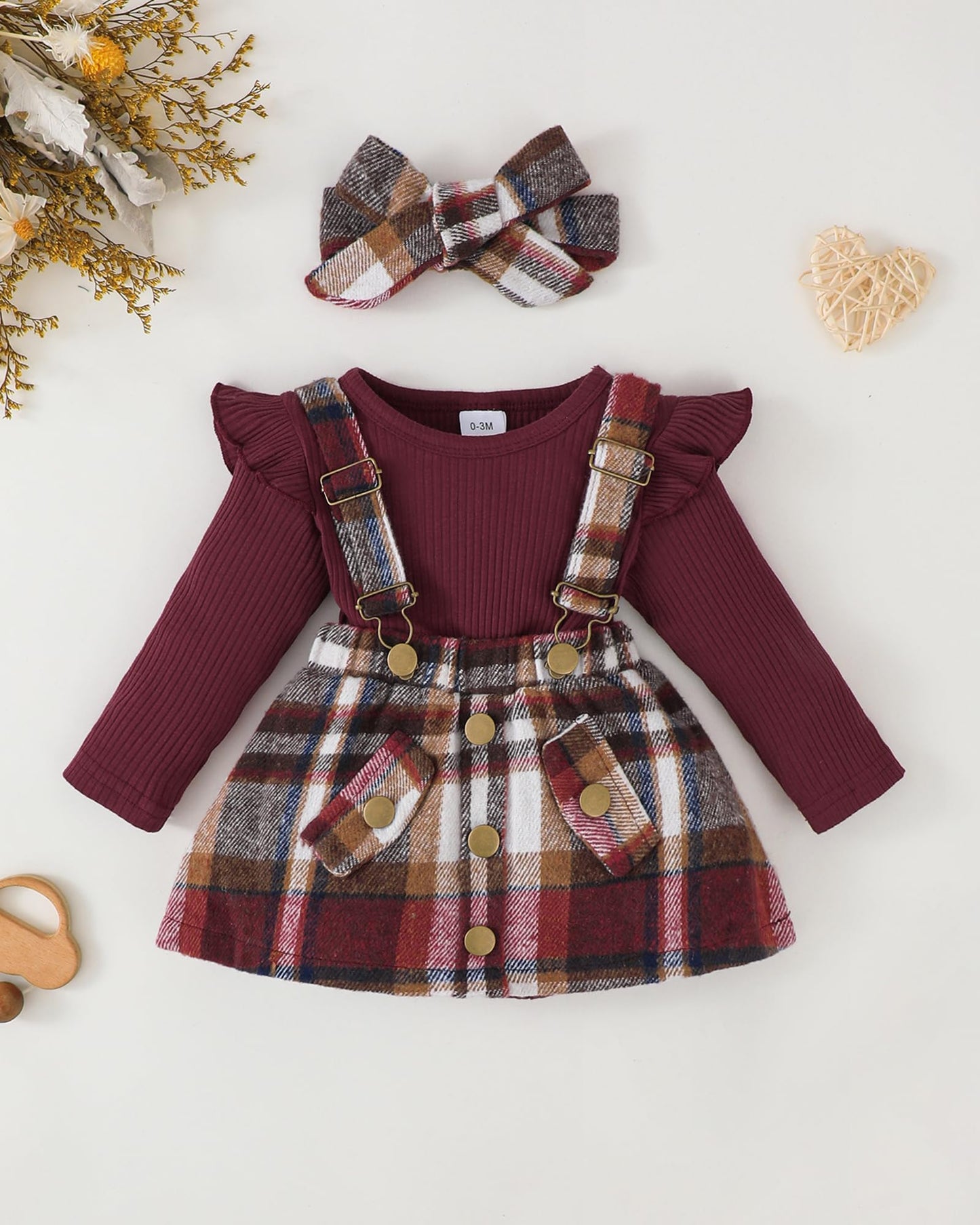 Baby Girl Clothes 3-6 Months Infant Baby Girl Dresses Winter Fall Wine Plaid Overalls Skirt Sets Ribbed Romper Gift Stuff Birthday Outfit for Girls
