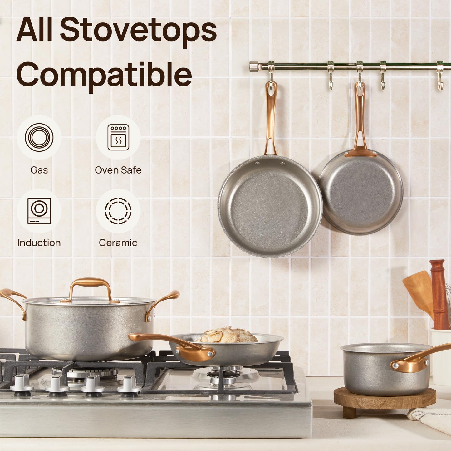 KOKHUB Pots and Pans Set 8 Pcs, Vintage Stainless Steel Cookware Set Non-Toxic, PFOA/PFOS/PTFE Free, Kitchen Cooking Set with Frying Pans, Saucepans, Oven & Dishwasher Safe, Induction Compatible