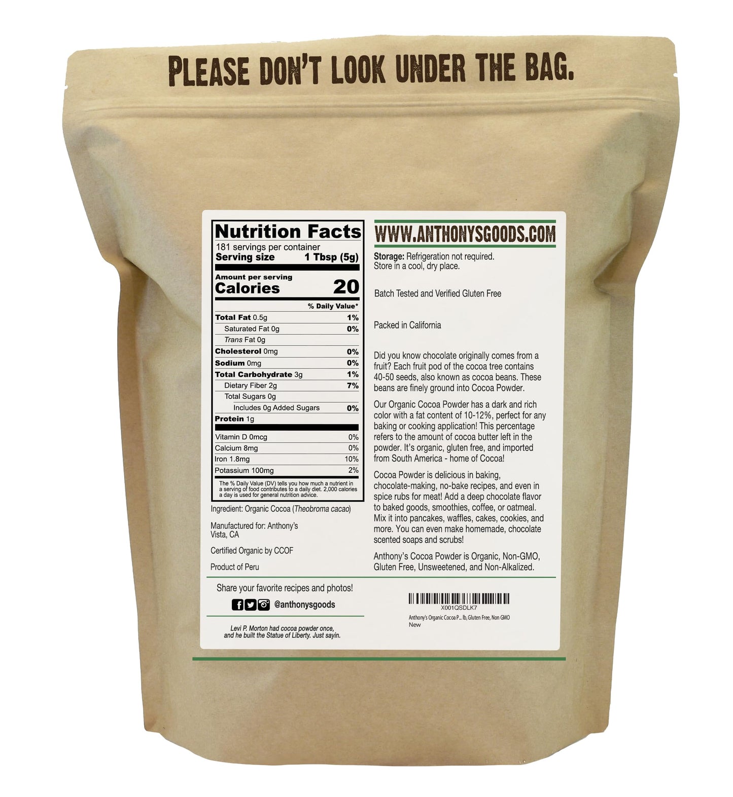 Anthony's Organic Cocoa Powder, 2 lb, Gluten Free, Non GMO, Unsweetened