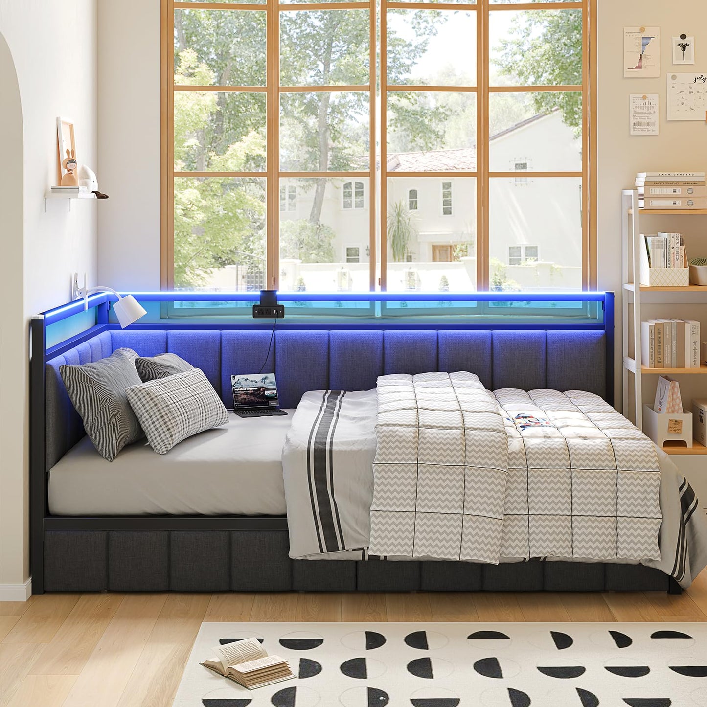 Hasuit Corner Bed Frame with Storage Drawers, Twin Daybed with Line Fabric Upholstered Fence, Kids Bed Unit with LED Light and Charging Station, Modern Bed Frame Twin Size, Gray