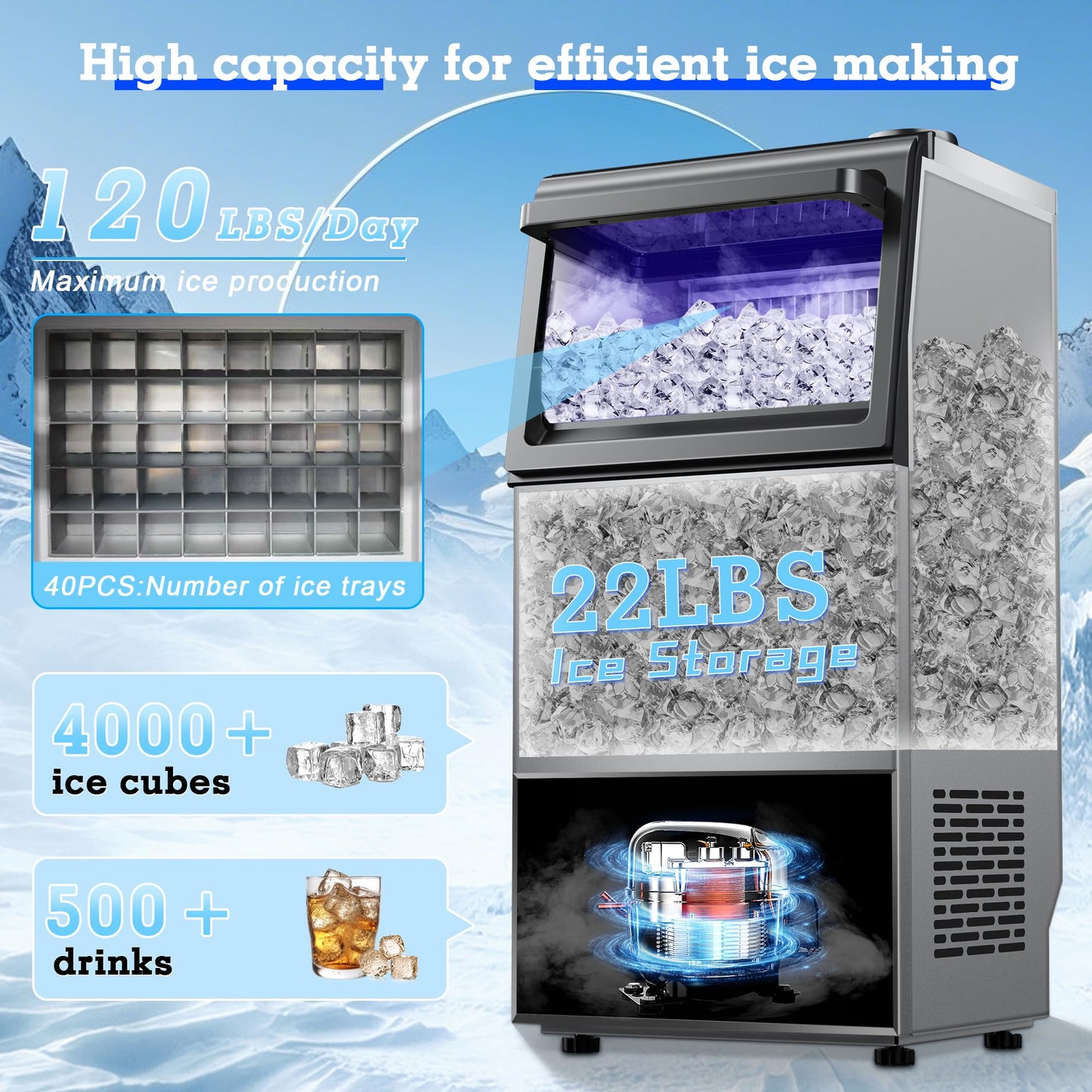 Ice Machine Commercial Ice Maker Machine 120lbs/24H with 22lbs Storage, Stainless Steel Freestanding Ice Machine 40Ice/Cycle 2 Water Inlet Modes, Self-Cleaning Function for Homes Bars Restaurants