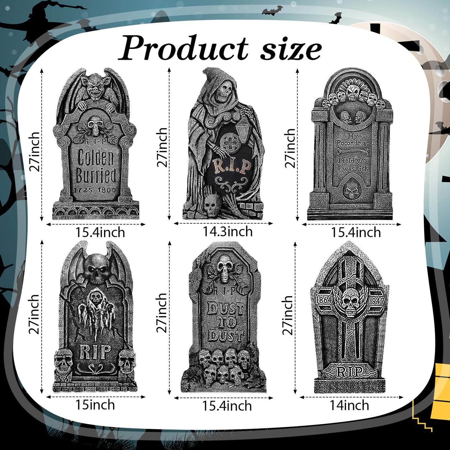 Yerliker 6 Styles 27 Inch Halloween Tombstone Outdoor Decorations Yard Stakes Signs Graveyard Tombstones for Halloween Props Lawn Decorations
