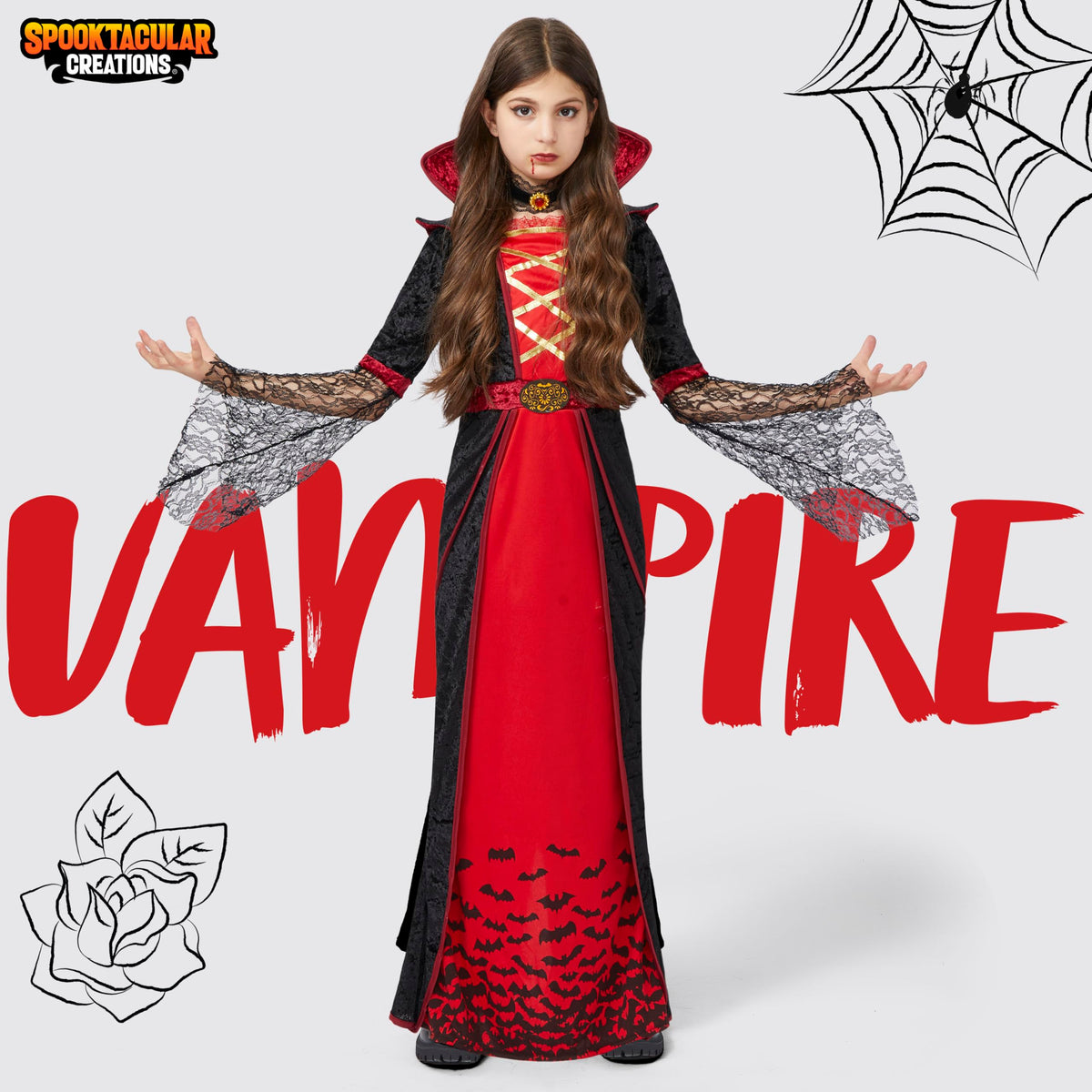 Spooktacular Creations Royal Vampire Costume for Girls, Deluxe Set Halloween Gothic Victorian Vampiress Queen Costume for Dress Up Party