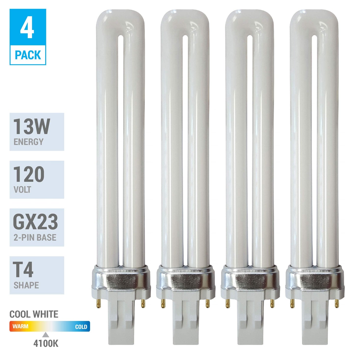 KOR (4 Pack) K22195 - PLS13W/2P/841 - Compact Fluorescent Plug-in - T4 - Single Tube - 13 Watt - 2-Pin (GX23) - 4,100 Kelvin (Cool White)