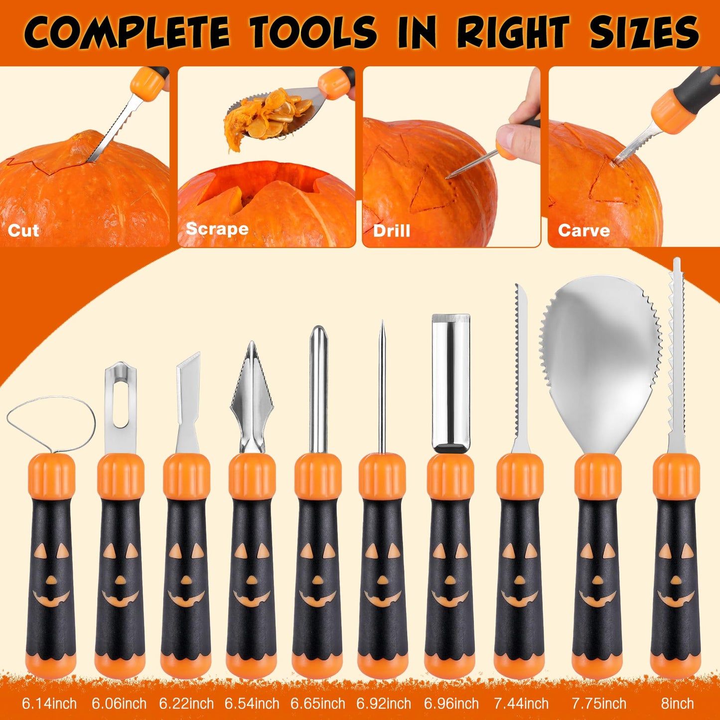 HAUSHOF 20PCS Halloween Pumpkin Carving Kit, 10PCS Professional Heavy Duty Stainless Steel Pumpkin Carving Tools with Carrying Case and 10 Pumpkin Carving Stencils for Halloween Jack-O-Lanterns