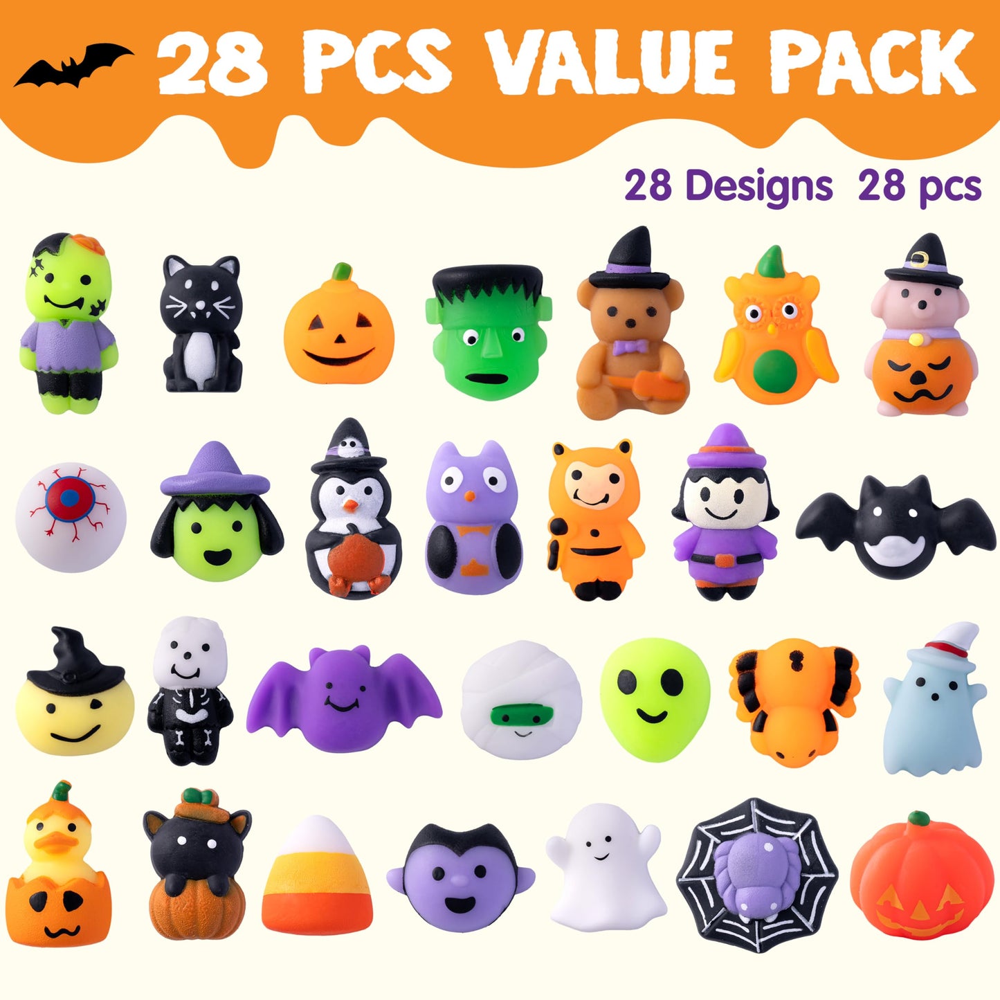 JOYIN 28 Pcs Halloween Mochi Squishy Toys, Halloween Toys for Halloween Party Favors, Halloween Sensory Stress Relief Toys Bulk, Trick or Treats Classroom Prizes Gifts Goodie Bag Fillers