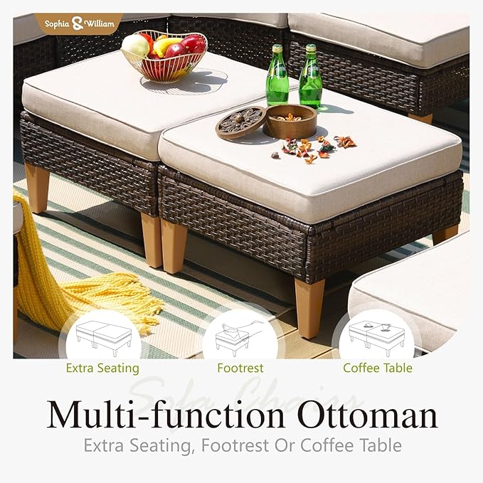 Sophia & William Patio Furniture Set with 56" Fire Pit Table, 10PCS Outdoor Wicker Sectional Conversation Set with 3-Seater Sofa, 2-Seater Couch, 2 Ottoman & FirePit Table(Beige)