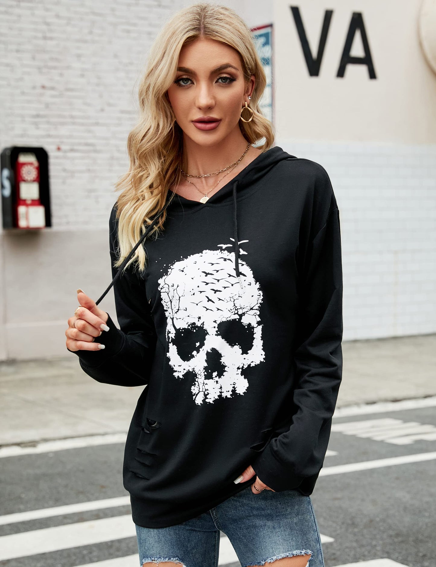 Blooming Jelly Women's Halloween Sweatshirts Skull Graphic Hoodies Long Sleeve Pullover Gothic Fall Trendy Outfits 2024 (Large, Black Hoodie-2)
